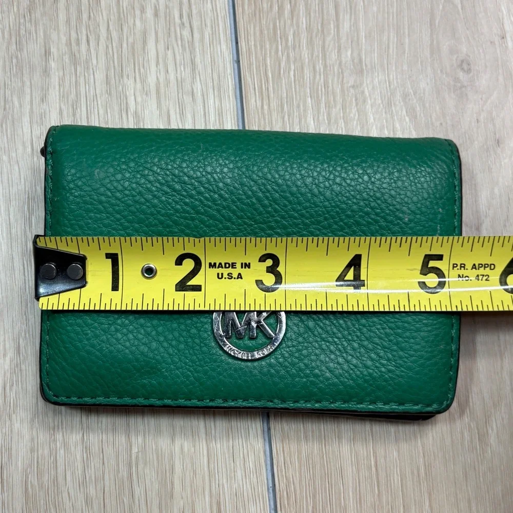 Michael Kors Green Pebbled Leather Bifold Wallet Silver MK Logo ID Window